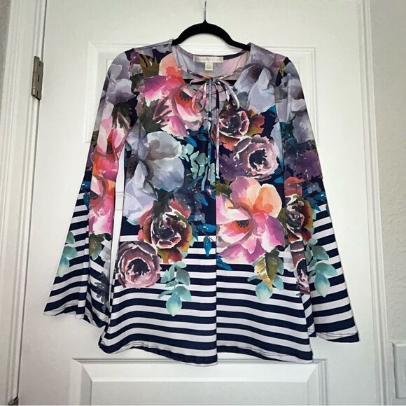 Boston Proper Floral Stripe Print Long Bell Statement Sleeve Top - Picture 1 of 6